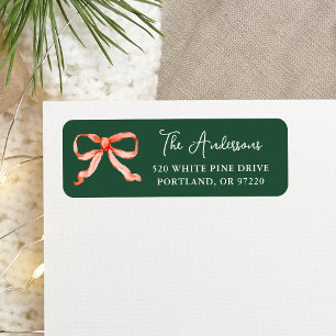 Elegant Watercolor Red Bow Green Return Address Label