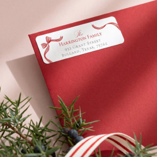 Elegant Watercolor Red Bow Ribbon Christmas Family Return Address Label