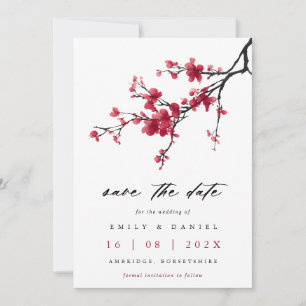 Elegant Watercolor Red Cherry Blossom Wedding Save The Date