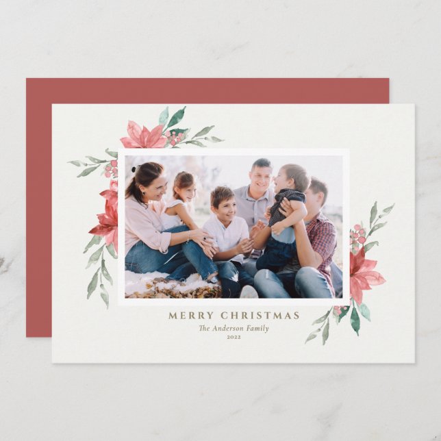 Elegant Watercolor Red Christmas Flowers Photo Holiday Card (Front/Back)