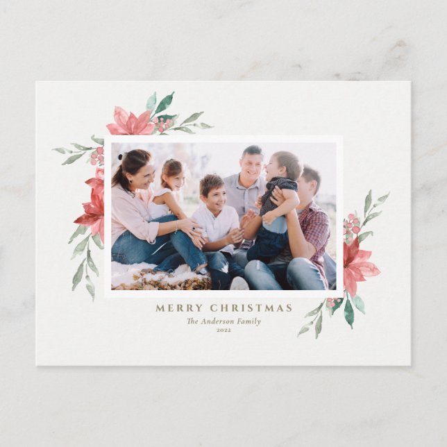 Elegant Watercolor Red Christmas Flowers Photo Holiday Postcard (Front)