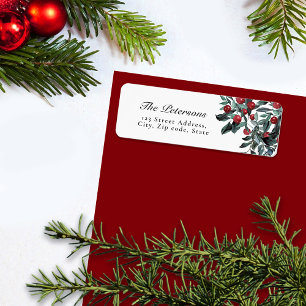 Elegant Watercolor Red Christmas Holly Berries Return Address Label