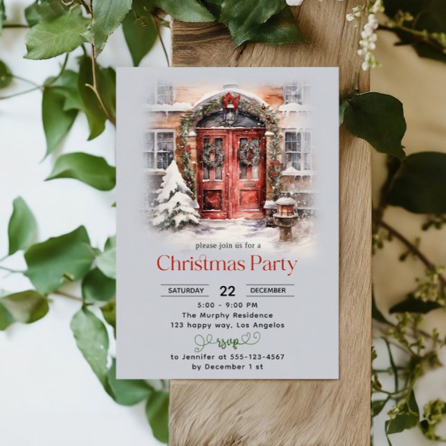 Elegant Watercolor Red Door Christmas Party  Invitation (Creator Uploaded)
