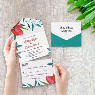 Elegant Watercolor Red Flower Fall Floral Wedding All In One Invitation