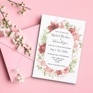 elegant watercolor red flowers greenery wedding invitation
