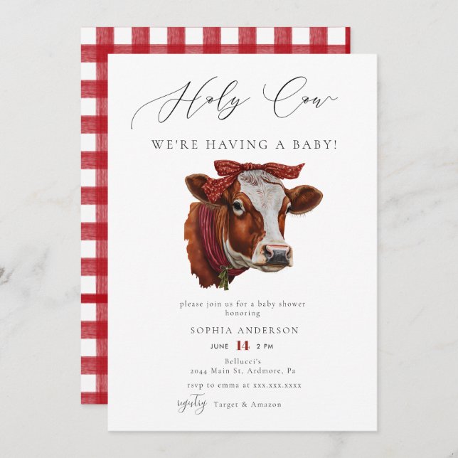 Elegant Watercolor Red Holy Cow Baby Shower Invitation (Front/Back)