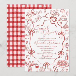 Elegant Watercolor Red Pasta Special Delivery Baby Invitation