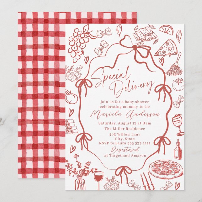 Elegant Watercolor Red Pasta Special Delivery Baby Invitation (Front/Back)