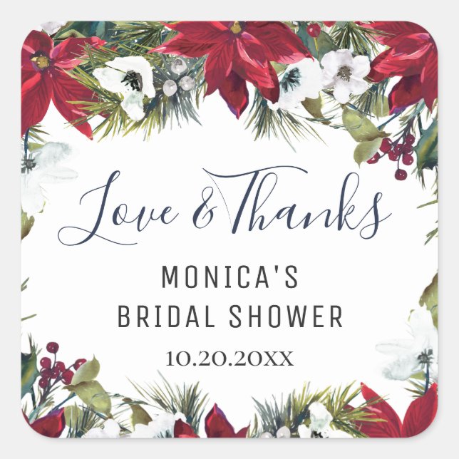 Elegant Watercolor Red Poinsettia BRIDAL SHOWER Square Sticker (Front)