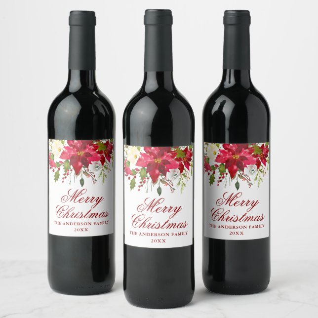 Elegant Watercolor Red Poinsettia Christmas Wine Label (Bottles)
