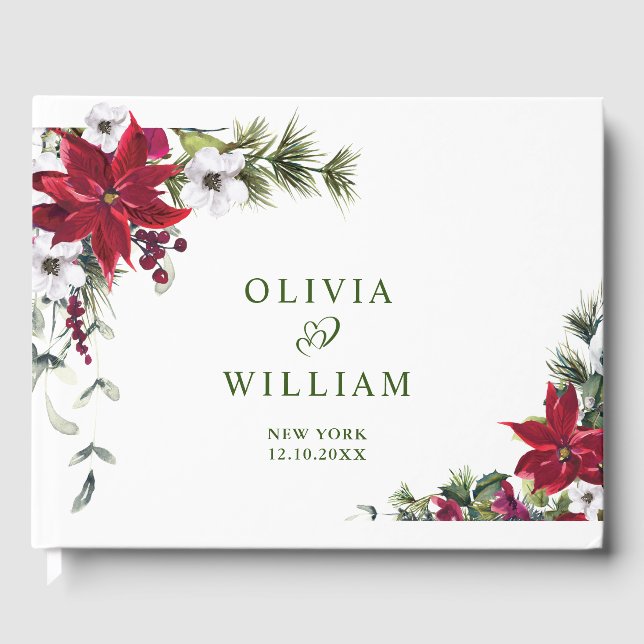 Elegant Watercolor Red Poinsettia Pine Fir Wedding Guest Book (Front)