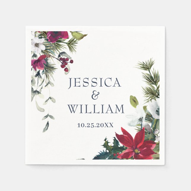 Elegant Watercolor Red Poinsettia Pine Fir Wedding Napkin (Front)
