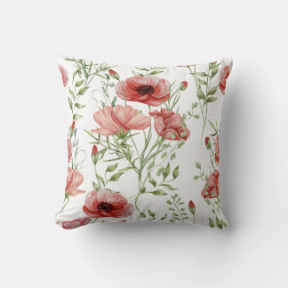 Elegant Watercolor Red Poppies Botanical Cushion