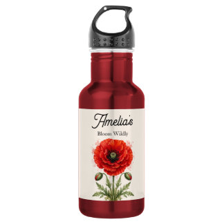 Elegant Watercolor Red Poppy Symmetrical Monogram 532 Ml Water Bottle