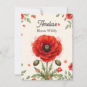 Elegant Watercolor Red Poppy Symmetrical Monogram Card