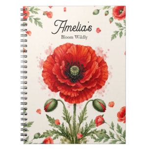 Elegant Watercolor Red Poppy Symmetrical Monogram Notebook