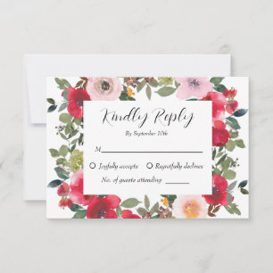 Elegant Watercolor Red Rose Floral Wedding RSVP Card