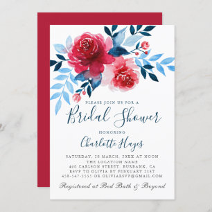 Elegant Watercolor Red Roses Floral  Bridal Shower Invitation