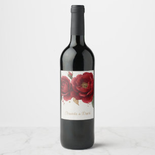 Elegant Watercolor Red Roses with Golden Glitter Wine Label