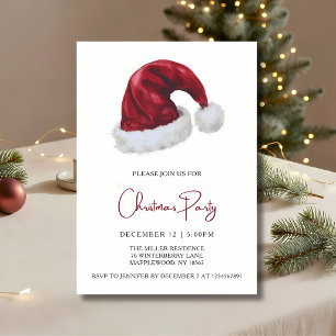 Elegant Watercolor Red Santa Hat Christmas Party Invitation