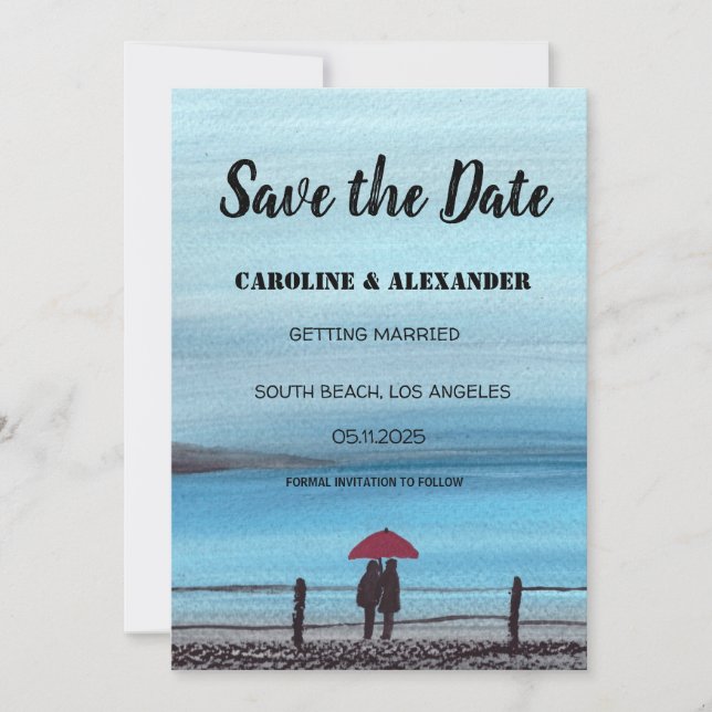 Elegant Watercolor Red Umbrella Couple Wedding  Save The Date (Front)