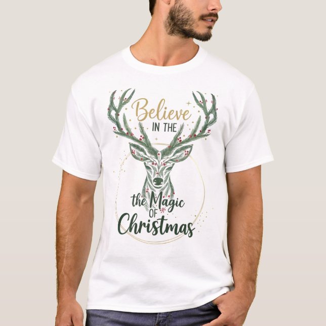 Elegant Watercolor Reindeer Wreath T-Shirt (Front)