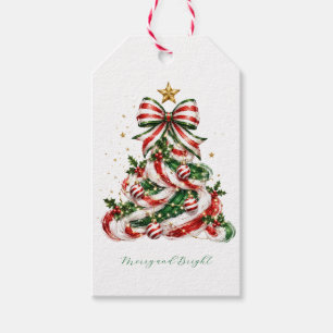 Elegant Watercolor Ribbon Christmas Tree Holiday Gift Tags