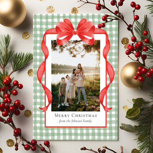 Elegant Watercolor Ribbon Gingham Holiday Card