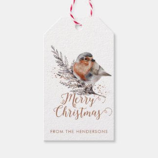 Elegant Watercolor Robin Christmas Branch Gift Tags