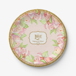 Elegant Watercolor Rose Bouquet Floral Pink Gold Paper Plate
