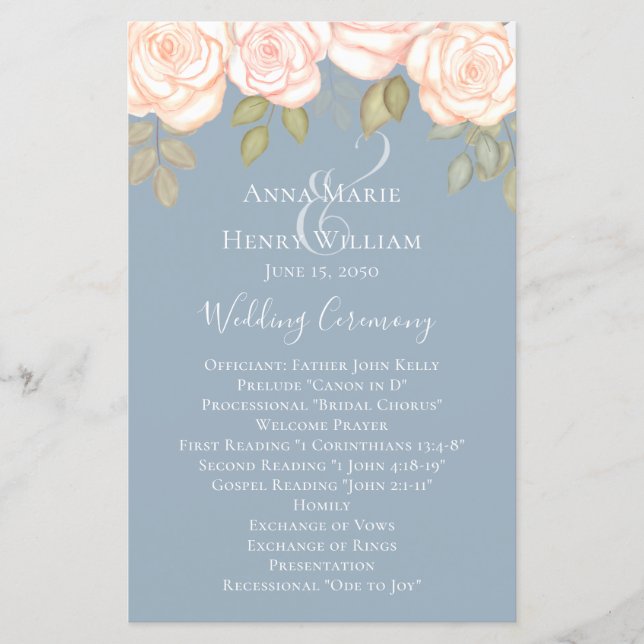 Elegant Watercolor Rose Dusty Blue Wedding Program (Front)