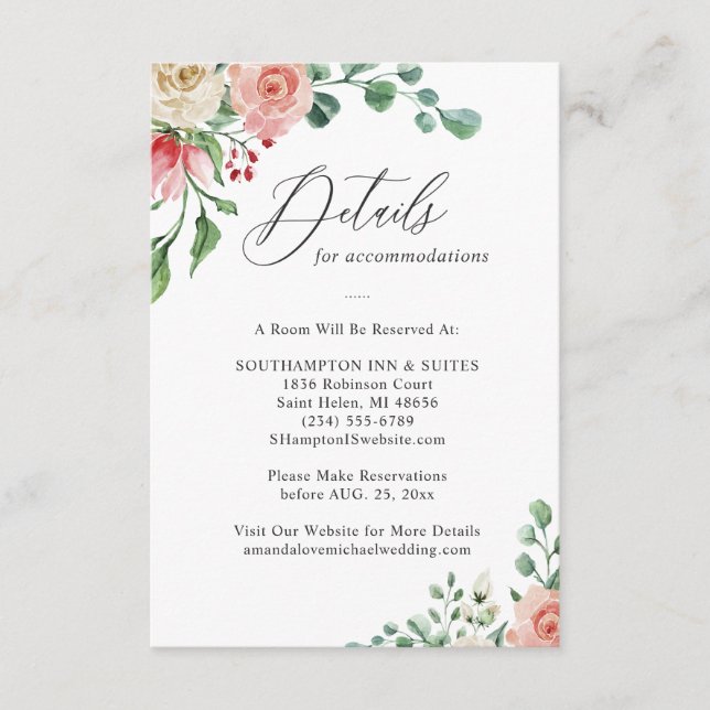 Elegant Watercolor Rose Floral Wedding Details Enclosure Card (Front)