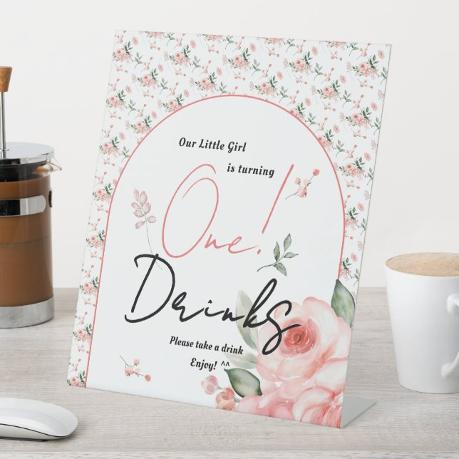 Elegant Watercolor Rose Girl 1st Birthday Drinks Pedestal Sign (In SItu)