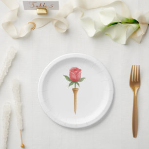 Elegant Watercolor Rose on a Golf Tee Wedding Paper Plate