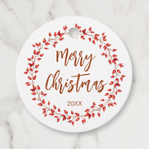 Elegant Watercolor Rosehips Merry Christmas. Round Favour Tags