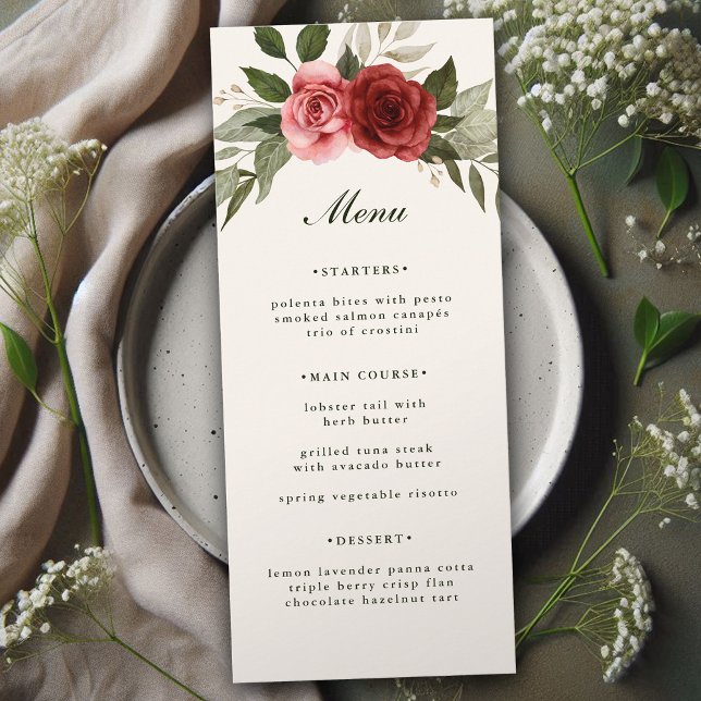 Elegant Watercolor Roses and Foliage Wedding  Menu (Creator Uploaded)