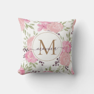 Elegant Watercolor Roses Floral Gold Monogrammed Cushion