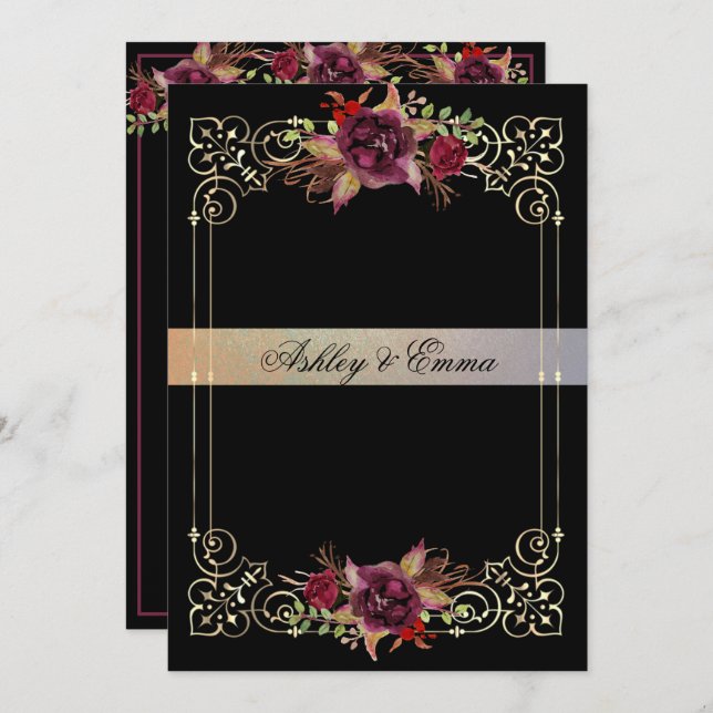 Elegant Watercolor Roses Gold Frame Wedding Invitation (Front/Back)