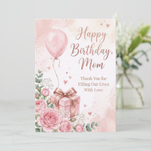 Elegant Watercolor Roses & Pink Balloon Happy Birt Invitation