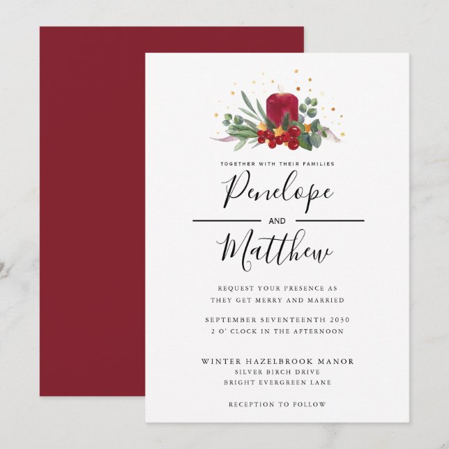 Elegant Watercolor Rustic Candle Christmas Wedding Invitation (Front/Back)