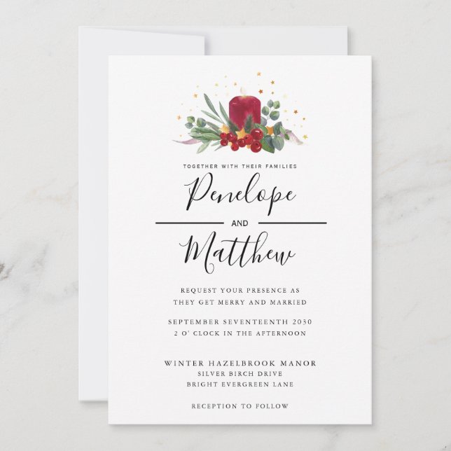 Elegant Watercolor Rustic Candle Christmas Wedding Invitation (Front)