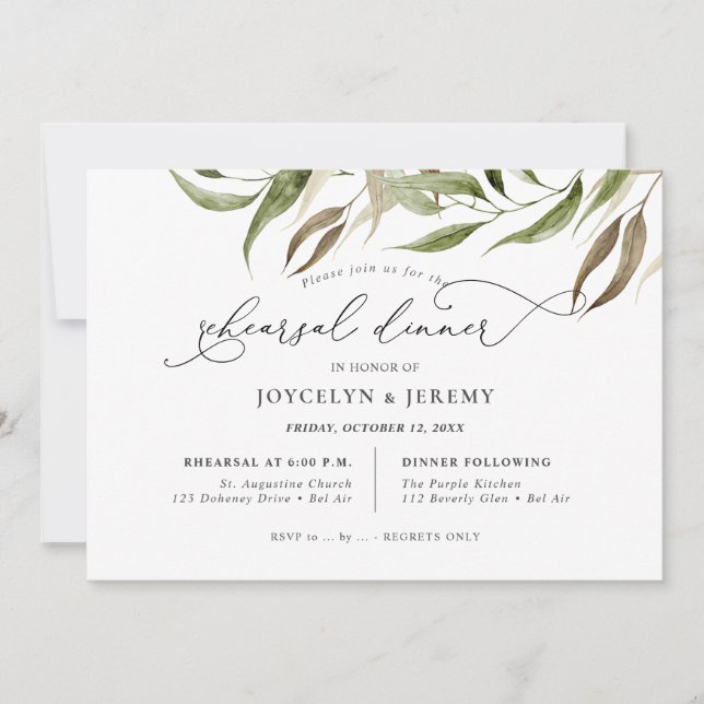 Elegant Watercolor Rustic Eucalyptus Rehearsal Invitation (Front)