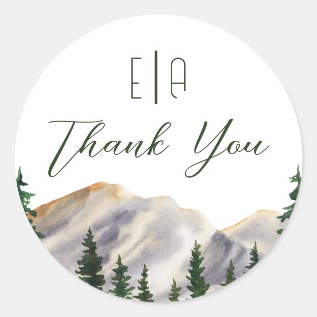Elegant Watercolor Rustic Mountains Weddings Classic Round Sticker (Front)