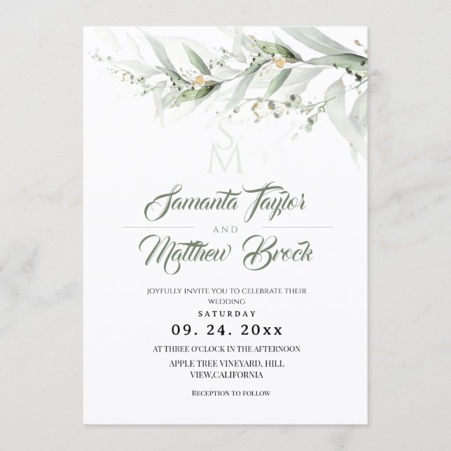 Elegant Watercolor Sage Greenery Floral Wedding Invitation (Front)
