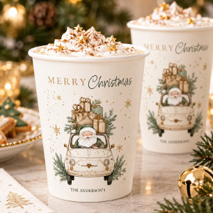 Elegant Watercolor Santa Car Snow Christmas Party Paper Cups