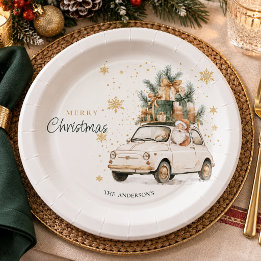 Elegant Watercolor Santa Car Snow Christmas Party Paper Plate