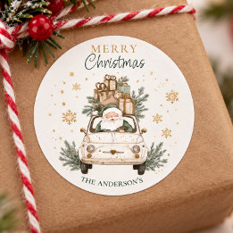 Elegant Watercolor Santa Car Snow Merry Christmas Classic Round Sticker