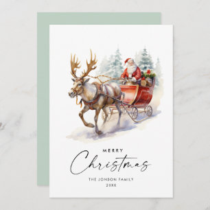 Elegant Watercolor Santa Claus Christmas Deer Holiday Card