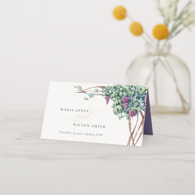 Elegant Watercolor Script Grapevine Wedding Place Card (Front)