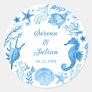 Elegant Watercolor Seashell Wreath Cornflower Blue Classic Round Sticker